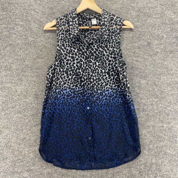 Divided Tops - Divided Shirt Women 6 Blue Animal Print Button Up Collared Sleeveless Wide Strap